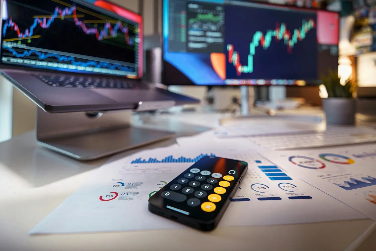 Debtor tracing + asset/liability Computer with report and phone to show the Debtor asset and liability search