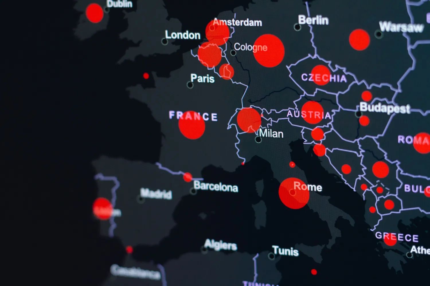 In Depth People Tracing Map of Europe and the UK with red dots of people being traced in 24 hours